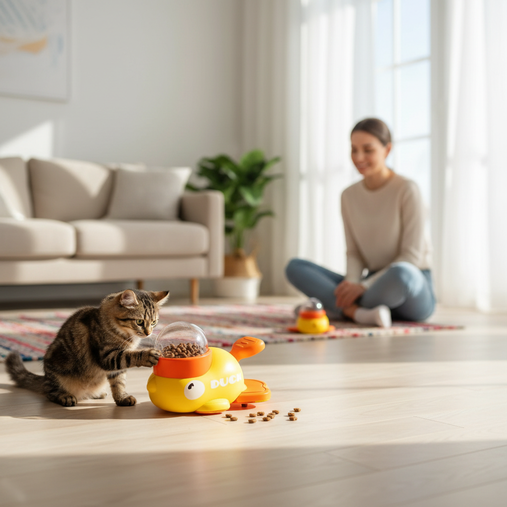 AI Photoshoot — Yellow Duck-Shaped Interactive Cat Treat Dispenser Durable Plastic Training Dog Toy Puzzle Slow Feeder Dog Self-pleasure Toy lifestyle cover